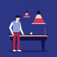 A man is playing billiards on a pool table with two lamps hanging above it in a blue room