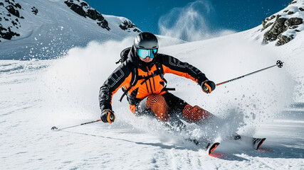 Skier carving turn on snowy mountain slope in bright gear