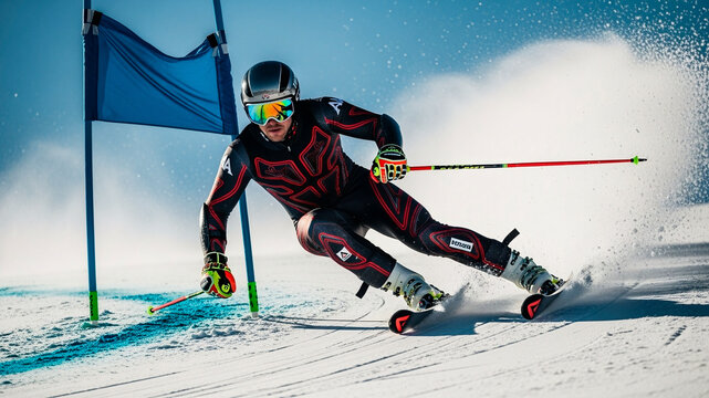 Male alpine skier racing downhill on snowy slope during competition