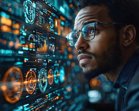 High tech executive monitoring real time industry analytics through a holographic dashboard - Powered by Adobe