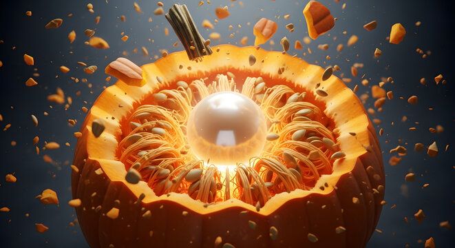A surreal exploding pumpkin reveals an intricate interior of fibrous seeds surrounding a mysterious glowing pearl-like orb at its core.