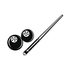 Minimalist billiard illustration with cue and balls isolated on white background