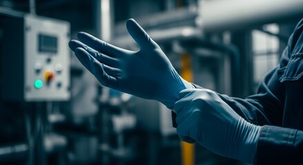 Man putting on blue surgical gloves in an industrial setting with machinery in the background view 100