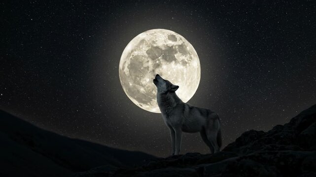 A lone wolf's mournful lament howling under the vibrant full moon in a vast and expansive wilderness.