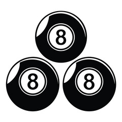 Three eight balls stacked in a triangle shape isolated on white background, perfect for billiard game