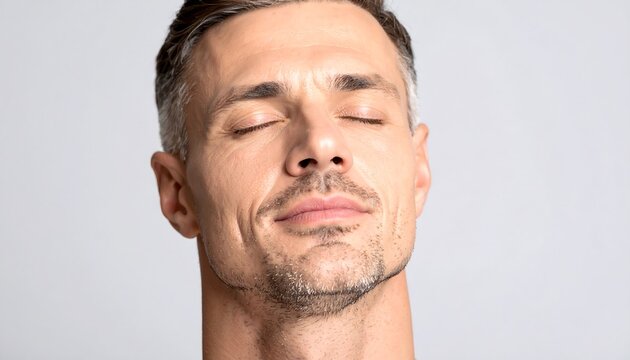 Close-up portrait of a man with serene expression, showcasing relaxed facial features and a neutral tone, against a simple background.