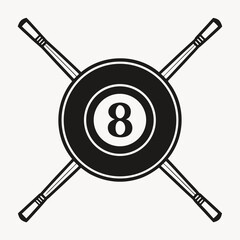 Illustration of crossed billiard cues and eight ball isolated on white background