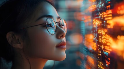 Asian business leader practicing mindfulness with a holographic financial data display