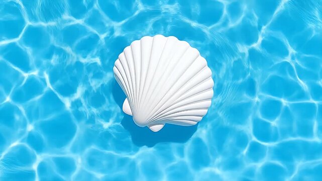 A vibrant white scallop shell floats serenely on the surface of a bright azure pool.