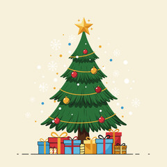 Glowing star atop Christmas tree with gift boxes and snowflakes with joyful holiday mood, vector decorative illustration, clean flat style, light background