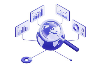 Magnifying glass inspecting globe with data charts for global business intelligence and analytics transparent background