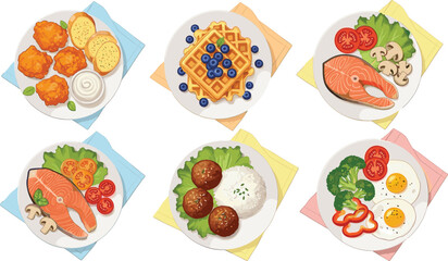 Vector Illustration of Six Colorful Plates with Balanced Meals Featuring Breakfast, Lunch, and Dinner Options for Healthy Food and Nutrition