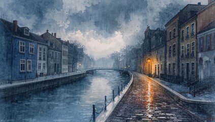 Fototapeta premium Watercolor city canal with bridge on rainy evening