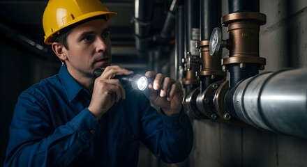 Man in hard hat inspecting pipes with flashlight in dark mechanical room for maintenance work done