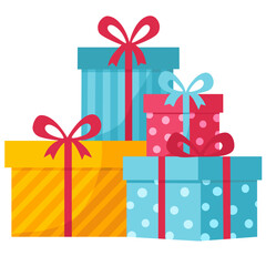 Big pile of gift boxes in festive wrapping paper with ribbon and bows. Stack of different presents for Christmas or birthday holiday. Many various giftboxes. Flat vector illustration isolated on white