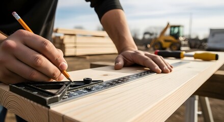 Carpenter marking wood with pencil and square on construction site during daytime outdoors near machinery