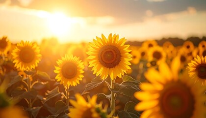 Fototapeta premium A field of sunflowers bathed in the warm glow of the setting sun, creating a vibrant and picturesque scene.