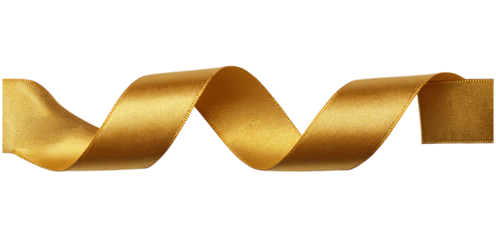 Golden satin ribbon twisted in a spiral fabric material isolated on a transparent background