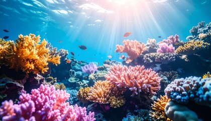 Fototapeta premium Underwater view showcasing a vibrant coral reef ecosystem with sunlight streaming down, illuminating the colorful marine life.
