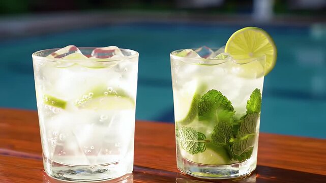 Two refreshing mojitos stand by a swimming pool, perfect for a summer day.