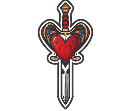 vintage american traditional tattoo flash illustration of an old-school dagger going through the center of a heart, on a transparent background.