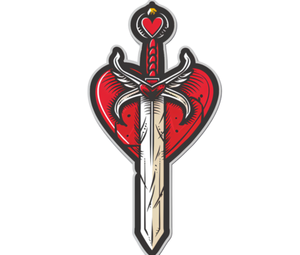 vintage american traditional tattoo flash illustration of an old-school dagger going through the center of a heart, on a transparent background.