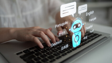 Global communication with multiple languages, digital translation tools, multilingual technology,...