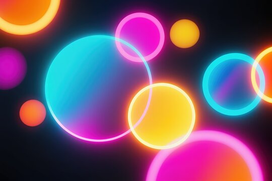 A collection of colorful neon circles is designed to create a captivating visual effect against a dark backdrop
