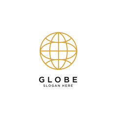 A minimalist gold line art logo of a globe with placeholder text 'GLOBE SLOGAN HERE' on a white background.