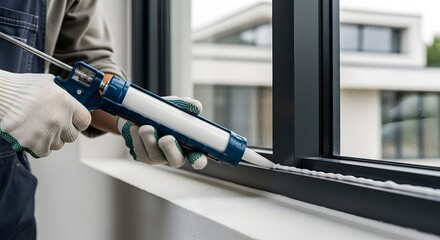 Worker sealing window frame with caulking gun wearing gloves for home improvement project indoors view