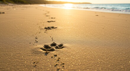 Dog paw prints on golden beach sand sunset