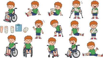 Boy with injuries in wheelchair and crutches, bandaged child, healing process, cartoon character, kids health, recovery, medical care, vector illustration