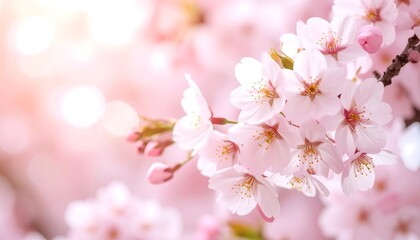 Naklejka premium Close-up of delicate pink cherry blossoms in full bloom, bathed in soft sunlight.