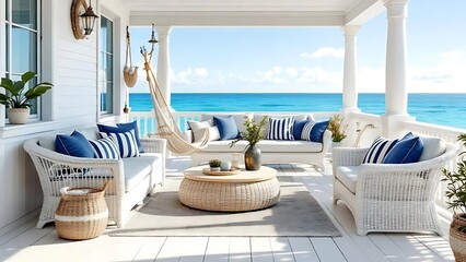 Luxurious coastal living on a white wooden porch with stunning turquoise ocean views and comfortable wicker furniture