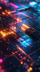 Obraz premium Abstract digital illustration featuring glowing circuits with orange, blue, and pink lights, creating a futuristic technology background.