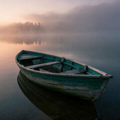 Fototapeta premium Weathered wooden rowboat resting on a misty lake at dawn with soft pastel reflections copy space