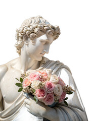 greek man statue with flower isolated on transparent