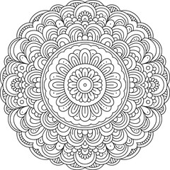 Beautiful round mandala coloring page, intricate abstract floral design, black and white line artwork for relaxation, flat vector illustration