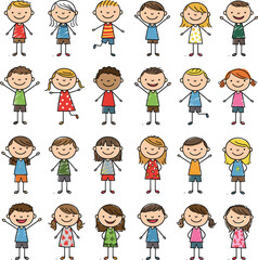 Cartoon children set, diverse stick figure kids, happy boys and girls, colorful doodle style, playful characters, hand-drawn smiling children