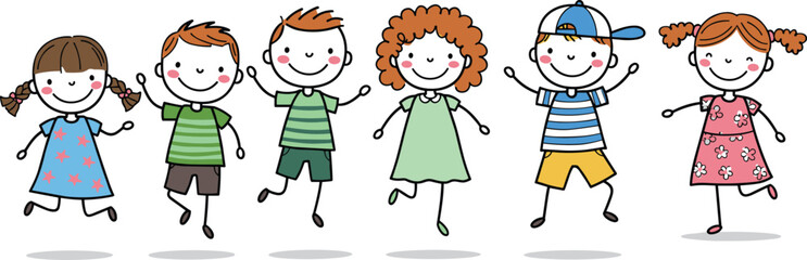 Cartoon kids happily jumping, playful children illustration, diverse group of boys and girls, cheerful expressions, fun childhood moments, colorful outfits