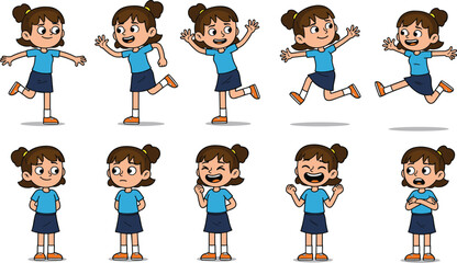 Cartoon girl character set, different poses and emotions, animated female kid illustration, expression pack, happy, sad, excited, cute, fun