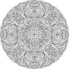 Intricate floral mandala design in black outline, detailed circular vector for coloring book, relaxation, meditation, decoration, flat vector illustration