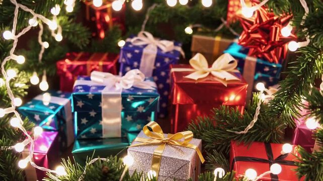 background for the Christmas holiday season with vibrantly colored present boxes and decorative string of foliage
