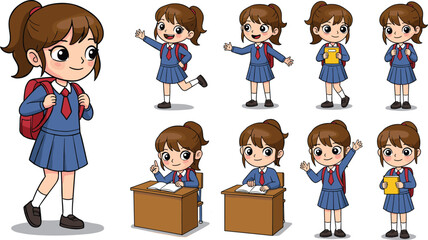 Cute schoolgirl with brown hair in ponytail, wearing uniform, backpack, smiling, studying, holding books, waving, happy student, classroom scenes