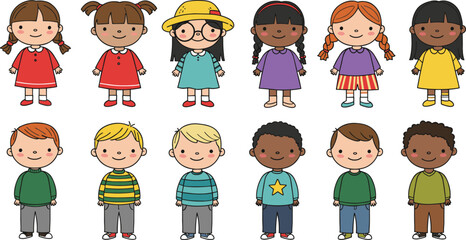 Diverse cartoon children standing, boys and girls illustration, cute multicultural kids, flat character design, school kids, colorful outfit, smiling faces