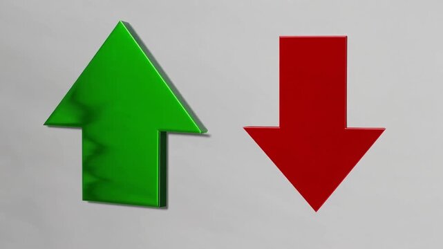 lengthy upward and downward pointing directional indicator symbol in shades of emerald and crimson