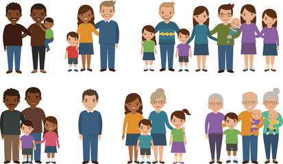 Diverse family groups, multigenerational families, happy parents and children, grandparents with grandchildren, loving family moments, smiling faces, togetherness, multicultural family bonding