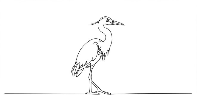 A continuous single line drawing of a heron walking, depicted in a minimalist black and white artistic style.