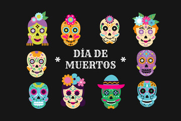 Set of sugar skulls for Day of Dead in Mexico.