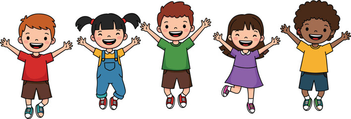 Diverse happy kids jumping, smiling children, playful boys and girls, multicultural kids, cheerful kids in colorful clothes, joyful childhood moments